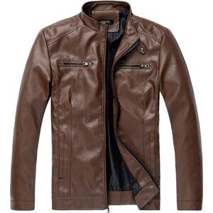 🆕 Men Brown Stand Collar Leather Jacket Motorcycle Lightweight Faux Outwear